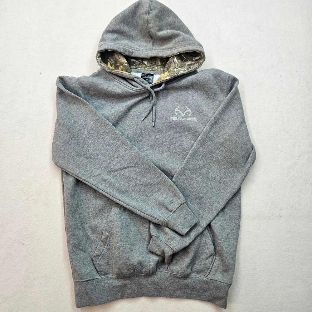 Realtree Hoodie Mens Medium Gray Deer Skull Camo Hood Pullover Sweatshirt